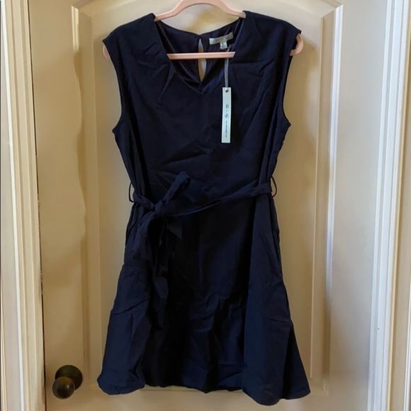 Navy Drop Shoulder V-Neck Dress Flounce Hem Sash - Picture 4 of 6
